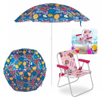 Kit Cadeira Infantil Rosa Patrulha Canina em Aluminio + Guarda Sol Colorido 1,30m
