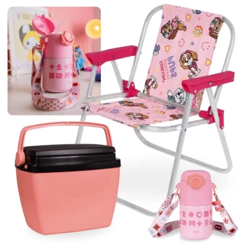 Kit Garrafa Trmica 500ml Inox + Cadeira de Praia Infantil Patrulha Canina Rosa + Cooler 6 Lts Rosa