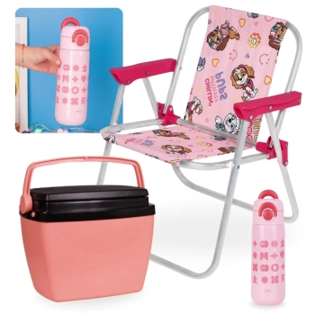 Kit Cadeira de Praia Infantil Patrulha Canina Rosa + Cooler 6 Lts Rosa + Garrafa Trmica 480ml em Inox