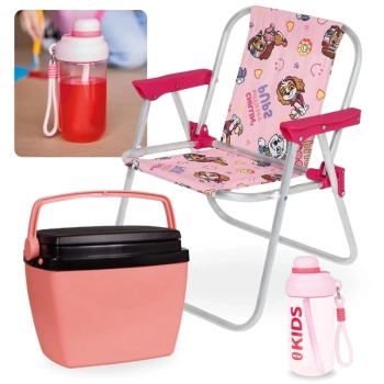 Kit Cadeira de Praia Infantil Rosa Patrulha Canina + Cooler 6 Lts Rosa + Garrafa 660ml Squeeze Rosa