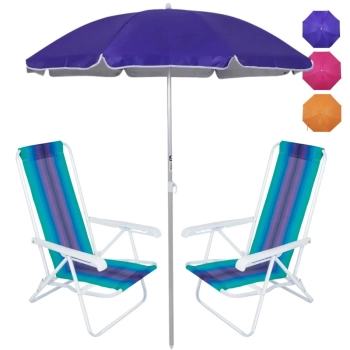 Kit 2 Cadeiras de Praia 4 Pos em Ao + Guarda Sol Al-mare Neon 1,60m em Aluminio Colorido
