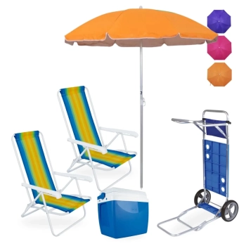 Kit 2 Cadeiras de Praia 4 Pos Ao + Carrinho com Avano + Guarda Sol 1,60m + Caixa Termica 26 L