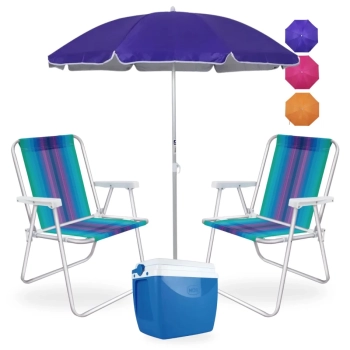Kit 2 Cadeiras de Praia em Aluminio + Caixa Trmica Azul 18 Lts + Guarda Sol 1,60 M Colorido