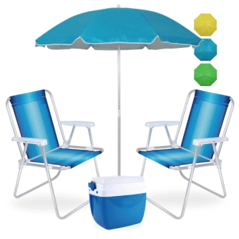 Kit 2 Cadeiras de Praia Alumnio + Caixa Trmica Azul 12 L + Guarda Sol 1,60 M Colorido