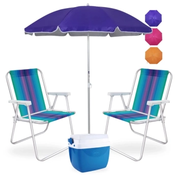 Kit 2 Cadeiras de Praia Alumnio + Caixa Trmica Azul 12 L + Guarda Sol 1,60 M Colorido