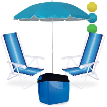 Kit 2 Cadeiras 4 Pos em Ao + Guarda Sol 1,60 M Colorido + Caixa Termica 26l Azul e Preta