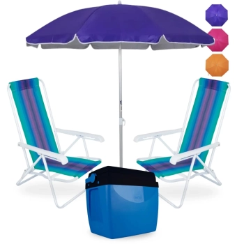 Kit 2 Cadeiras 4 Pos em Ao + Guarda Sol 1,60 M Colorido + Caixa Termica 26l Azul e Preta