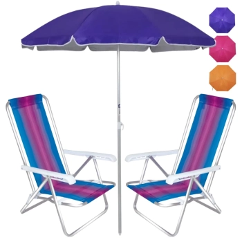 Kit 2 Cadeiras de Praia 4 Posies Alumnio + Guarda-sol 1,60 M Al-mare Neon Colorido