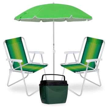 Kit 2 Cadeiras de Praia Aluminio + Guarda Sol 1,60m Colorido + Caixa Termica 18l Verde