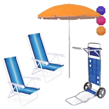 Kit 2 Cadeiras de Praia 4 Pos Ao + Carrinho com Avano + Guarda Sol 1,60m Colorido
