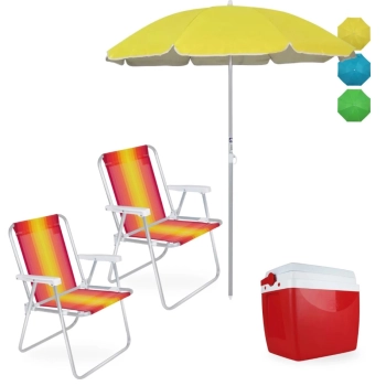 Kit 2 Cadeiras de Praia Alumnio + Guarda Sol 1,60m Colorido + Caixa Termica 26l Vermelha
