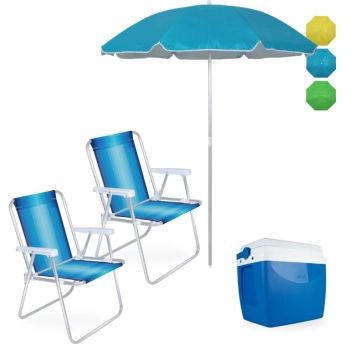 Kit 2 Cadeiras de Praia Aluminio + Guarda Sol 1,60m Colorido + Caixa Termica Azul 26l