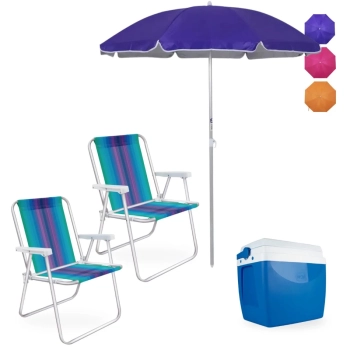 Kit 2 Cadeiras de Praia Aluminio + Guarda Sol 1,60m Colorido + Caixa Termica Azul 26l