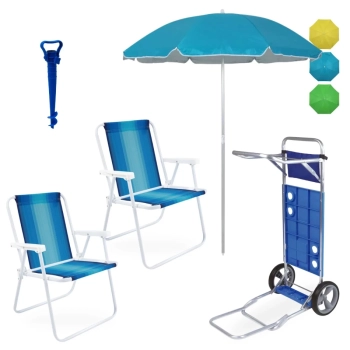 Kit 2 Cadeiras de Praia Ao + Guarda Sol 1,60m Colorido + Carrinho com Avano + Saca Areia Azul