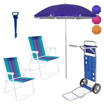 Kit 2 Cadeiras de Praia Ao + Guarda Sol 1,60m Colorido + Carrinho com Avano + Saca Areia Azul