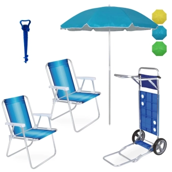 Kit 2 Cadeiras de Praia Aluminio + Guarda Sol 1,60m Colorido + Carrinho com Avano + Saca Areia Azul