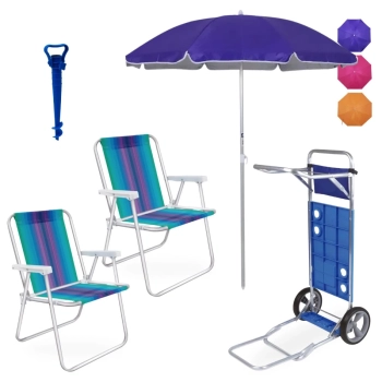 Kit 2 Cadeiras de Praia Aluminio + Guarda Sol 1,60m Colorido + Carrinho com Avano + Saca Areia Azul