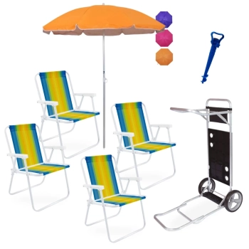 Kit 4 Cadeiras de Praia Ao + Carrinho com Avano + Guarda Sol 1,60m + Saca Areia
