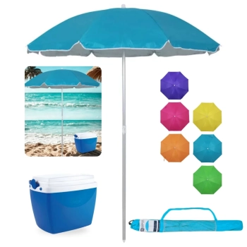 Kit Guarda Sol 1,60m Aluminio Colorido Al-mare Neon + Caixa Termica Azul 6 L Parque Praia e Pesca