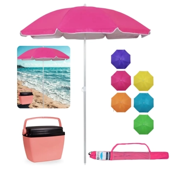 Kit Guarda Sol 1,60m Aluminio Colorido Al-mare Neon + Caixa Termica 6 L Rosa Passeio Praia e Parque