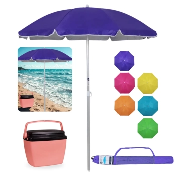 Kit Guarda Sol 1,60m Aluminio Colorido Al-mare Neon + Caixa Termica 6 L Rosa Passeio Praia e Parque
