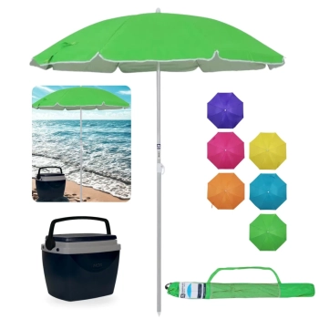 Kit Guarda Sol 1,60m Aluminio Colorido Al-mare Neon + Caixa Termica 6 L Preta Parque Praia e Pesca