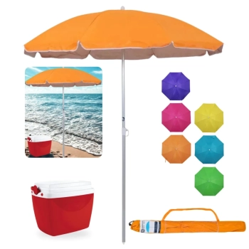 Kit Guarda Sol 1,60m Aluminio Colorido Al-mare Neon + Caixa Termica 6 L Vermelha Parque Praia e Pesca