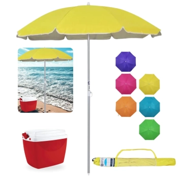 Kit Guarda Sol 1,60m Aluminio Colorido Al-mare Neon + Caixa Termica 6 L Vermelha Parque Praia e Pesca