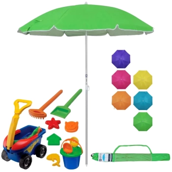 Kit Carrinho Brinquedo de Praia Areia com Baldinho, Pazinhas e Forminhas + Guarda Sol 1,60m Aluminio Colorido