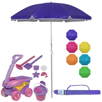 Kit Carrinho Brinquedo de Praia Areia Baldinho, Pazinhas e Forminhas Rosa + Guarda Sol 1,60m Aluminio Colorido