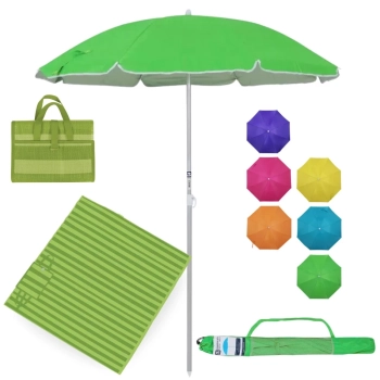 Kit Esteira de Praia Casal Verde 2,0 X 1,5 M + Guarda Sol 1,60m Aluminio Colorido Passeio Parque