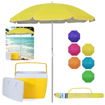 Kit Caixa Termica 36l Amarela + Guarda Sol 1,60m Aluminio Colorido Al-mare Neon Passeio Parque e Praia