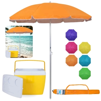 Kit Caixa Termica 36l Amarela + Guarda Sol 1,60m Aluminio Colorido Al-mare Neon Passeio Parque e Praia