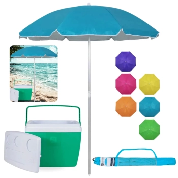 Kit Caixa Termica 36l Verde Hortel + Guarda Sol 1,60m Aluminio Colorido Al-mare Neon Passeio Parque e Praia