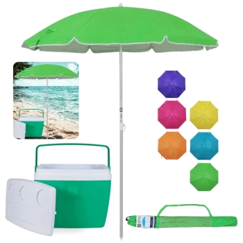 Kit Caixa Termica 36l Verde Hortel + Guarda Sol 1,60m Aluminio Colorido Al-mare Neon Passeio Parque e Praia
