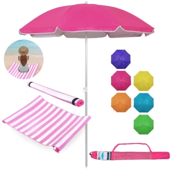 Kit Guarda Sol 1,60m Aluminio Colorido + Esteira de Praia 1,80m Listrada Rosa Passeio Parque
