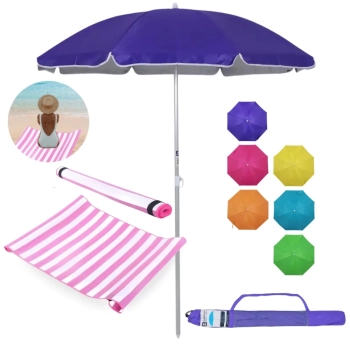 Kit Guarda Sol 1,60m Aluminio Colorido + Esteira de Praia 1,80m Listrada Rosa Passeio Parque