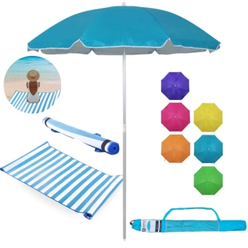 Kit Guarda Sol 1,60m Aluminio Colorido + Esteira de Praia 1,80m Listrada Azul Passeio Parque