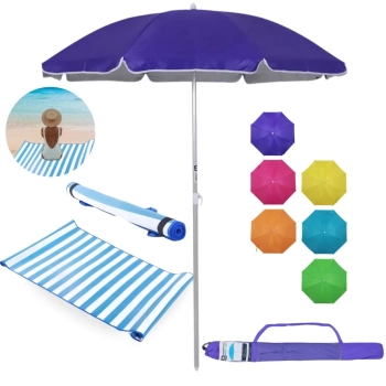 Kit Guarda Sol 1,60m Aluminio Colorido + Esteira de Praia 1,80m Listrada Azul Passeio Parque