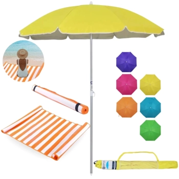 Kit Guarda Sol 1,60m Aluminio Colorido + Esteira de Praia 1,80m Listrada Laranja Passeio Parque