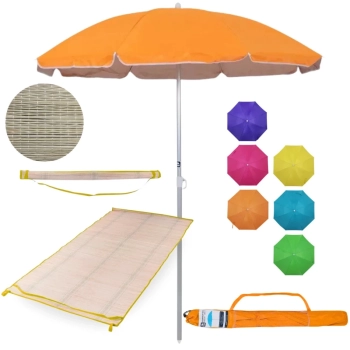Kit Esteira de Praia 1,80m Amarela de Palha + Guarda Sol 1,60m Aluminio Colorido Passeio Parque
