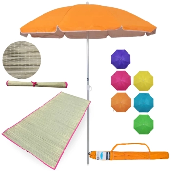 Kit Esteira de Praia 1,80m Rosa de Palha + Guarda Sol 1,60m Aluminio Colorido Passeio Parque