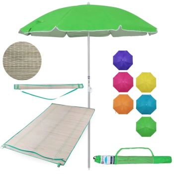 Kit Esteira de Praia 1,80m Verde de Palha + Guarda Sol 1,60m Aluminio Colorido Passeio Parque