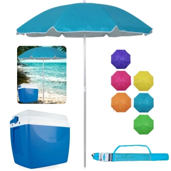 Kit Caixa Trmica 34 Lts Azul + Guarda Sol 1,60m Aluminio Colorido Al-mare Neon Passeio Parque e Praia