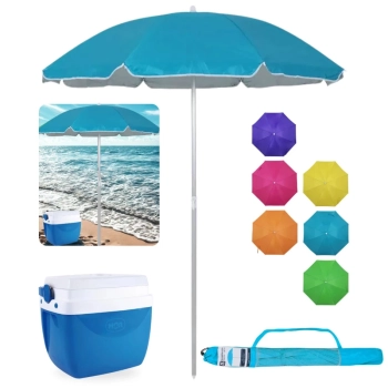 Kit Guarda Sol 1,60m Aluminio Colorido + Caixa Termica Azul 12 L Parque Praia e Pesca