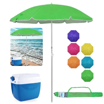 Kit Guarda Sol 1,60m Aluminio Colorido + Caixa Termica Azul 12 L Parque Praia e Pesca