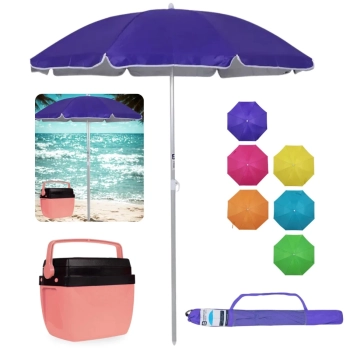 Kit Guarda Sol 1,60m Aluminio Colorido + Caixa Termica Rosa 12 L Parque Praia e Pesca