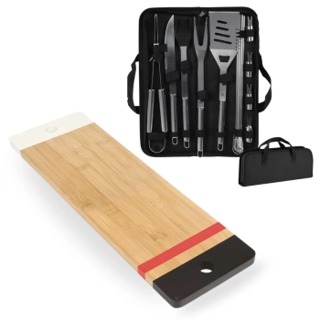 Kit Funcional Tabua Bamboo Retangular 48,3 Cm Corte Carne + Conjunto 16 Peas para Churrasco Cozinha