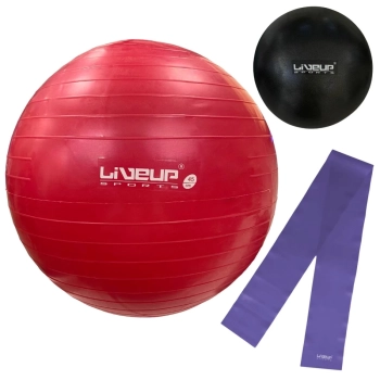 Kit Bola Anti Estouro Vermelha 45 Cm + Faixa Elastica Media + Overball 25 Cm + Bomba Inflar Academia