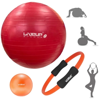 Kit Funcional Bola Premium Vermelha 45 Cm + Overball 25 Cm + Arco Fortalecedor + Bomba Inflar Treino